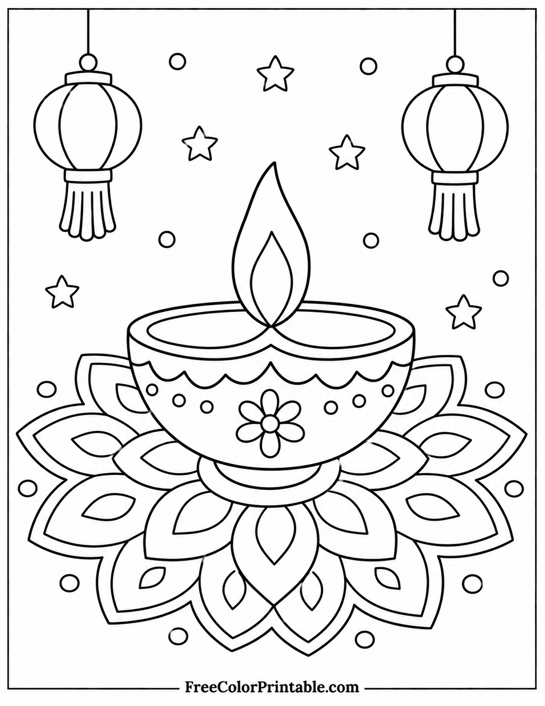 Diwali diya with rangoli design Coloring Page — Free Printable — free printable coloring page